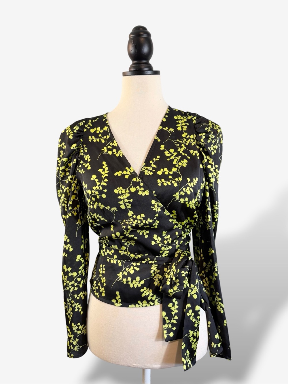 Leith Black Wrap Blouse Size S Yellow Floral Print Puff Sleeve Satin Casual